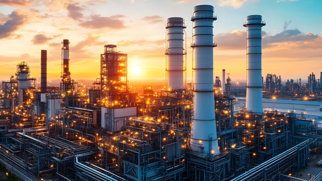 Sunset-lit oil refinery complex with industrial towers and piping, illustrating ATEX Fans in explosive-atmosphere extraction applications.