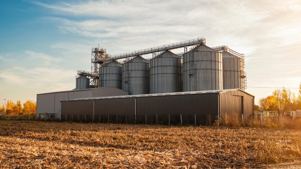 Large grain silos at sunrise on a farm, showcasing ATEX Fans for agri-food processing ventilation.