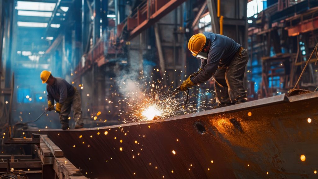 Welders sparking on a ship hull inside a drydock, showcasing ATEX Fans in shipbuilding fume-extraction systems.
