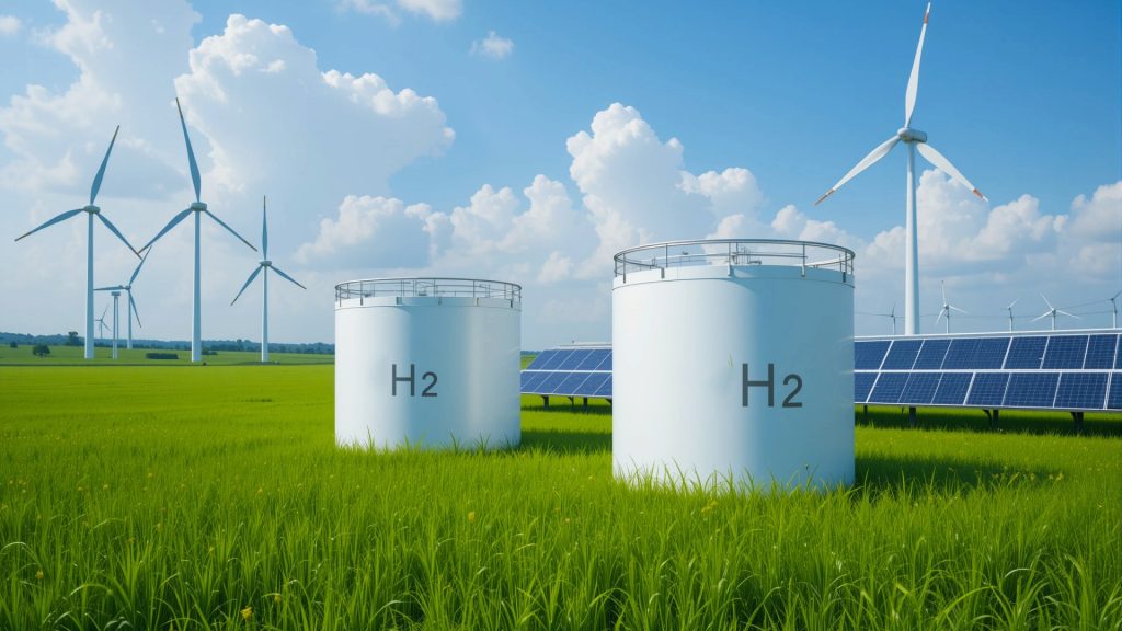 Hydrogen storage tanks and wind turbines in a green field, demonstrating ATEX Fans in green hydrogen electrolyser applications.