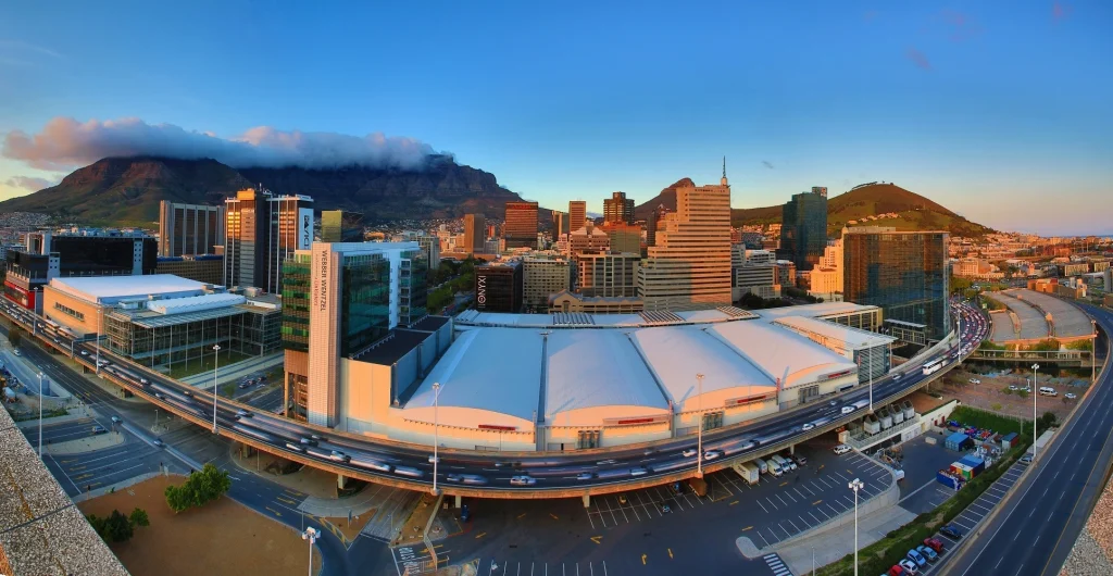 Panoramic sunrise over Cape Town International Convention Centre (CTICC) and skyline, highlighting the site of Apex Engineering’s fire-curtain project.