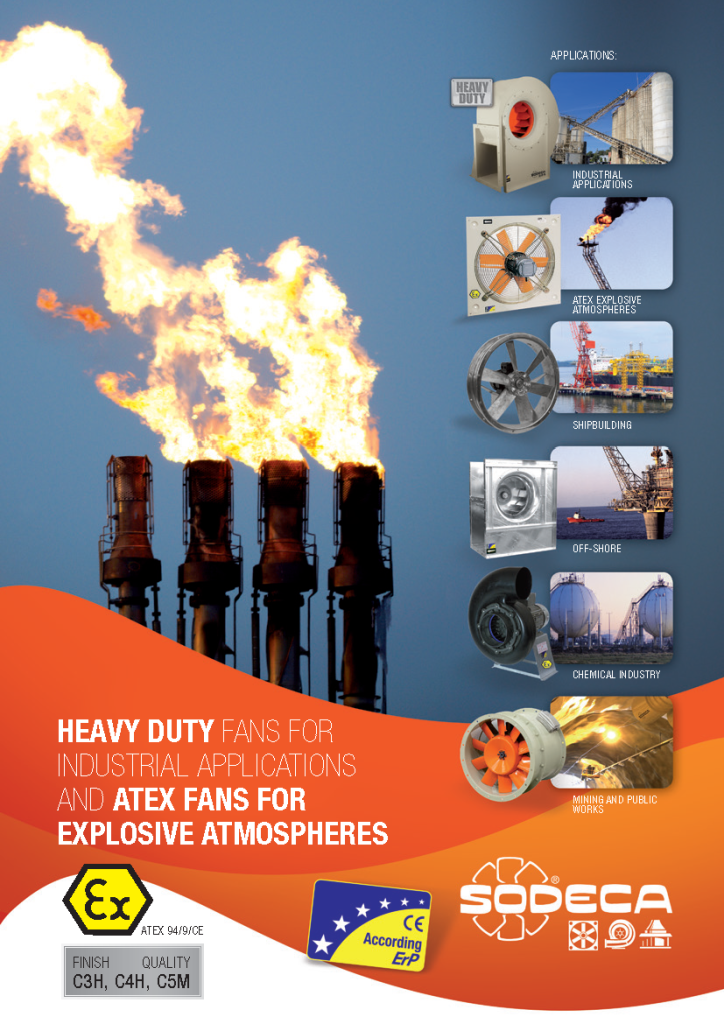 Sodeca brochure featuring atex fans for hydrogen applications, with three certified ventilation units above a renewable-energy scene of an H2 tank, wind turbines and solar panels.