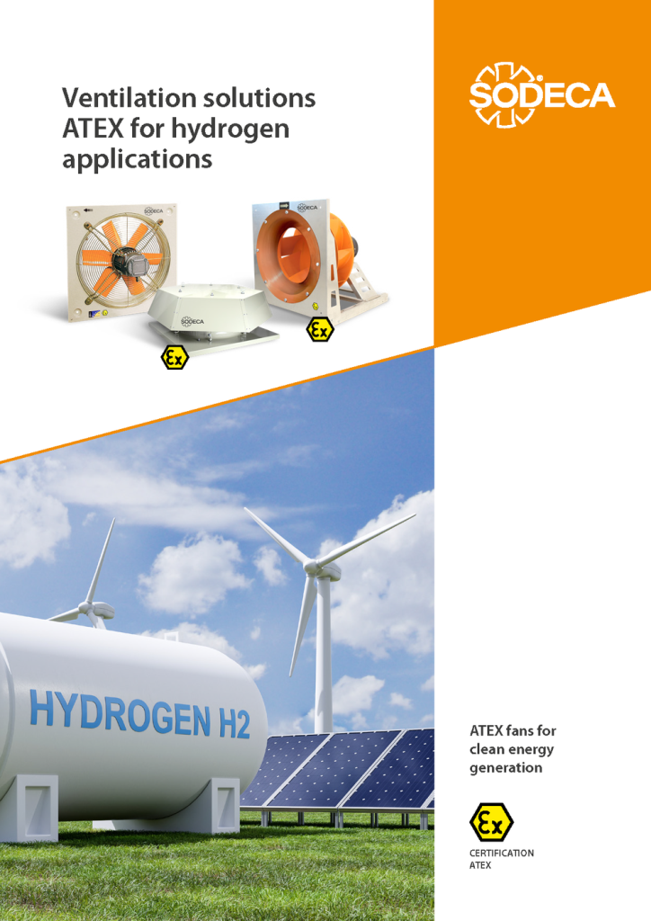 Sodeca brochure featuring atex fans for hydrogen applications, with three certified ventilation units above a renewable-energy scene of an H2 tank, wind turbines and solar panels.