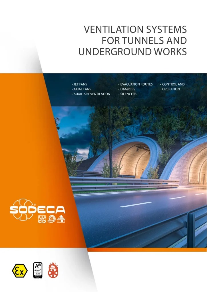 Cover of Sodeca brochure titled ‘Ventilation Systems for Tunnels’, showing jet-fan equipment and airflow diagrams.