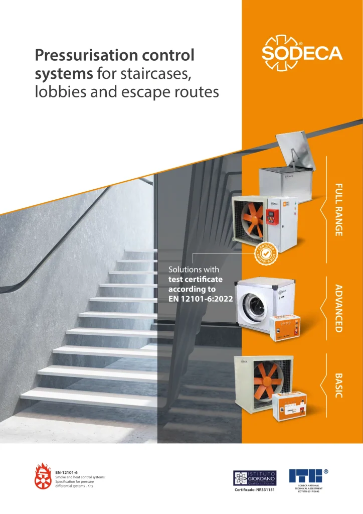 Sodeca pressurisation control systems brochure cover for staircases, lobbies and escape routes.