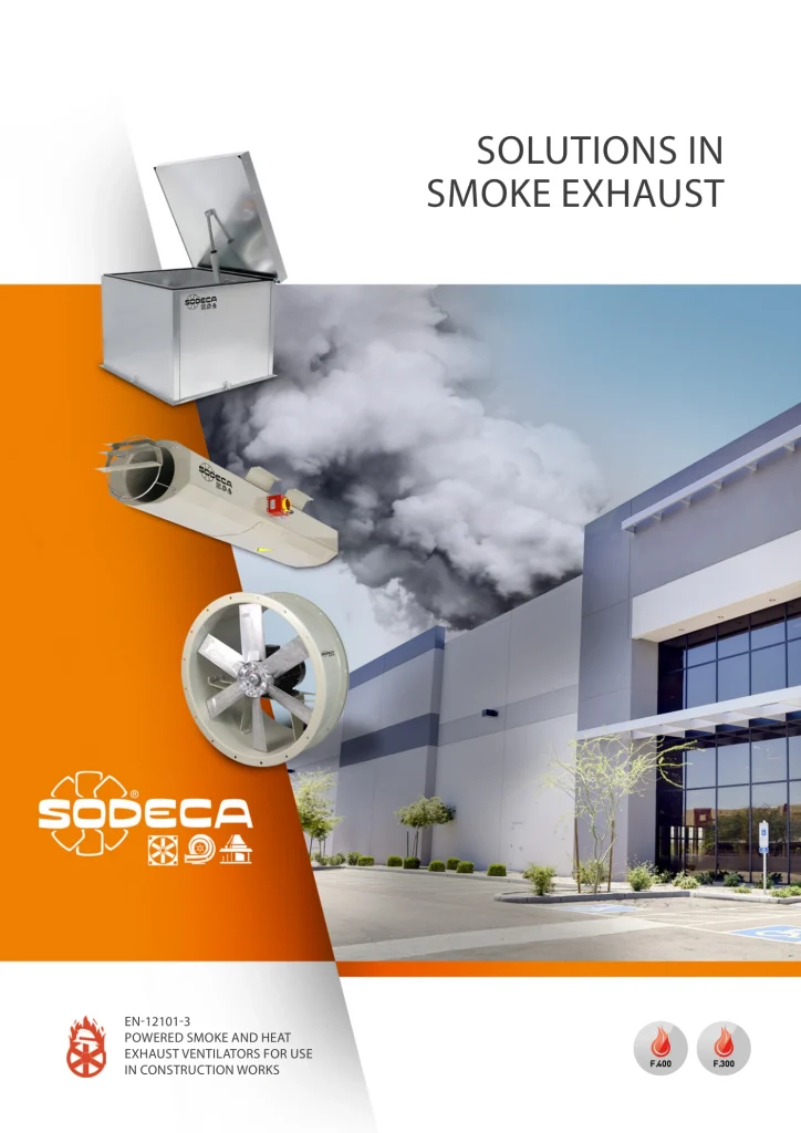 Sodeca brochure cover for solutions in smoke exhaust, EN 12101-3 F300/F400 ventilators.